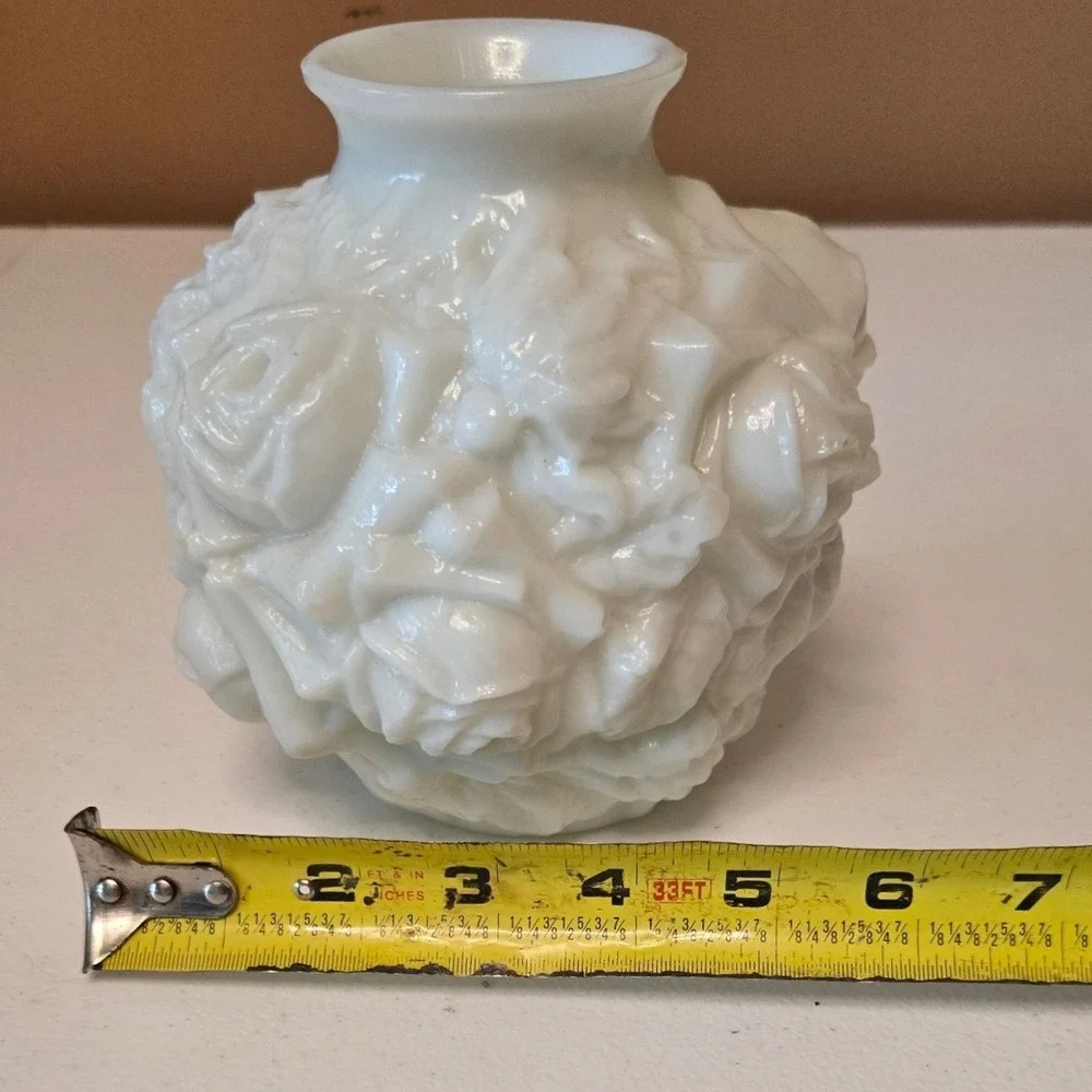 Vintage White Milk Glass Rose Bud Vase Embossed Floral Globe 4.5 inch